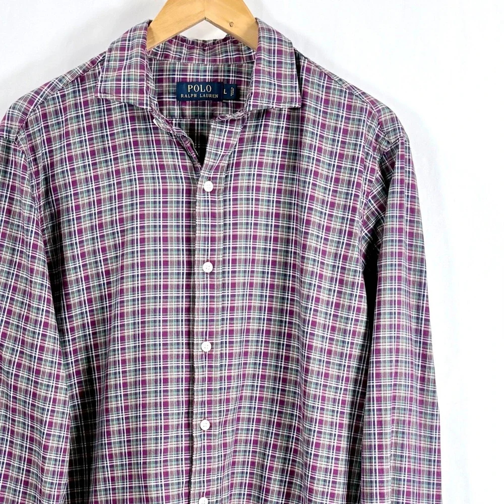 Polo Ralph Lauren Button Down Shirt Purple Green Plaid Cotton‎ Mens Large